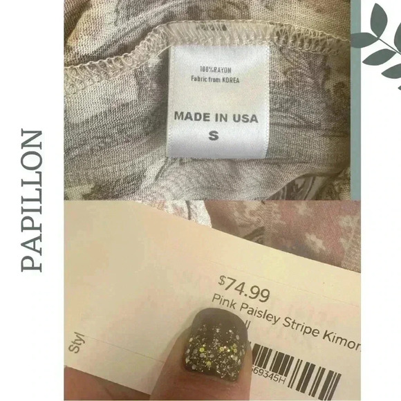 Papillon Kimono Top Long Sleeve Vertical Stripe PaisleyPink Cream Light Brown - Picture 7 of 7